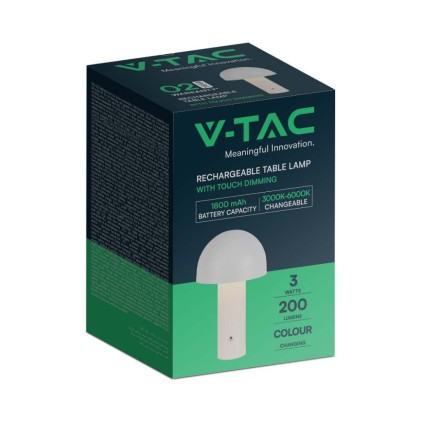 V-TAC Lampada LED da Tavolo 3W con Batteria 1800mAh Ricaricabile USB C Colore Bianco in Metallo Touch Dimmerabile 3in1
