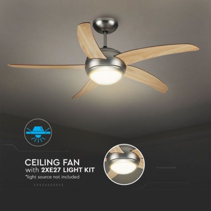 V-TAC Ventilatore LED da Soffitto 2*E27 con Motore a Corrente Alternata da 60W con Telecomando 5 pale (Mdf Chiare)