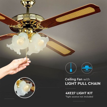 V-TAC Ventilatore LED da Soffitto 4*E27 in Vetro con Motore a Corrente Alternata da 55W 4 pale