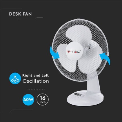 V-TAC Ventilatore da Scrivania 40W 3 Pale a 3 Velocit&agrave; Rotante Colore Bianco (410mm)