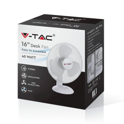 V-TAC Ventilatore da Scrivania 40W 3 Pale a 3 Velocit&agrave; Rotante Colore Bianco (410mm)