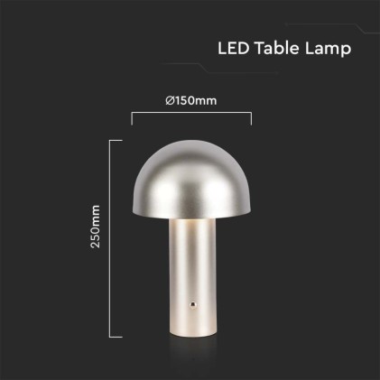 V-TAC Lampada LED da Tavolo 3W con Batteria 1800mAh Ricaricabile USB C Colore Champagne Oro in Metallo Touch Dimmerabile 3in1
