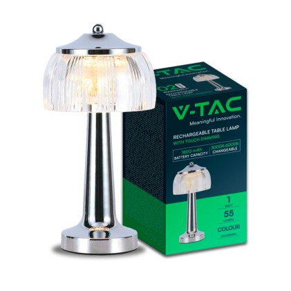 V-TAC Lampada LED da Tavolo 1W 13.5*26.5 Colore Cromo Ricaricabile con USB C Touch Dimmerabile 3in1