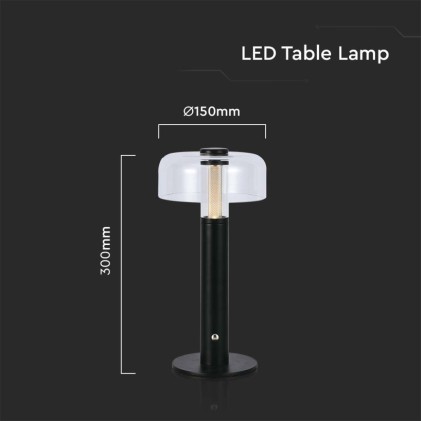 V-TAC Lampada LED da Tavolo 1W Colore Nero e Bianco Trasparente Ricaricabile con USB C Touch Dimmerabile 3in1