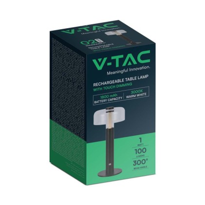 V-TAC Lampada LED da Tavolo 1W Colore Nero e Bianco Trasparente Ricaricabile con USB C Touch Dimmerabile 3in1
