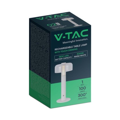 V-TAC Lampada LED da Tavolo 1W Colore Bianco e Bianco Trasparente Ricaricabile con USB C Touch Dimmerabile 3000K