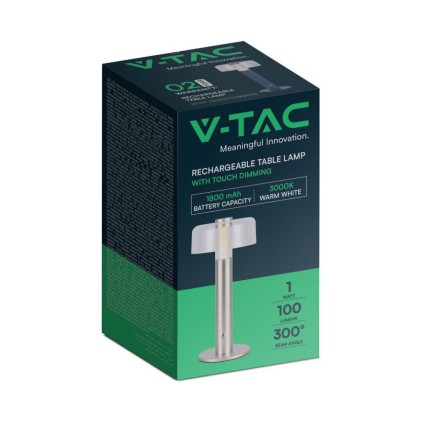 V-TAC Lampada LED da Tavolo 1W Colore Champagne e Bianco Trasparente Ricaricabile con USB C Touch Dimmerabile 3000K
