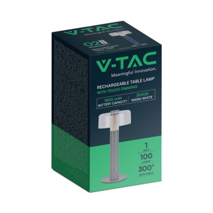 V-TAC Lampada LED da Tavolo 1W Colore Grigio e Bianco Trasparente Ricaricabile con USB C Touch Dimmerabile 3000K