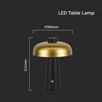 V-TAC Lampada LED da Tavolo 3W con Batteria 1800mAh Ricaricabile USB C Verniciato Oro e Nero in Metallo Touch Dimmerabile 3in1
