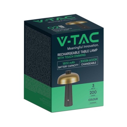 V-TAC Lampada LED da Tavolo 3W con Batteria 1800mAh Ricaricabile USB C Verniciato Oro e Nero in Metallo Touch Dimmerabile 3in1