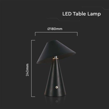 V-TAC Lampada LED da Tavolo 3W Colore Nero in Metallo Ricaricabile con USB C Touch Dimmerabile 3in1