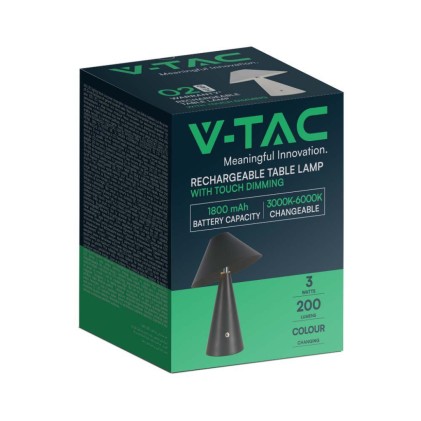 V-TAC Lampada LED da Tavolo 3W Colore Nero in Metallo Ricaricabile con USB C Touch Dimmerabile 3in1