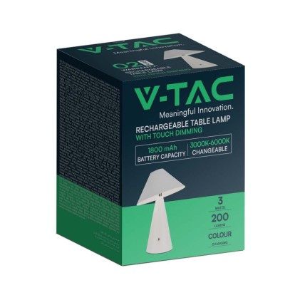 V-TAC Lampada LED da Tavolo 3W Colore Bianco in Metallo Ricaricabile con USB C Touch Dimmerabile 3in1