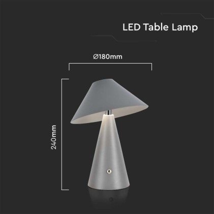 V-TAC Lampada LED da Tavolo 3W Colore Grigio in Metallo Ricaricabile con USB C Touch Dimmerabile 3in1