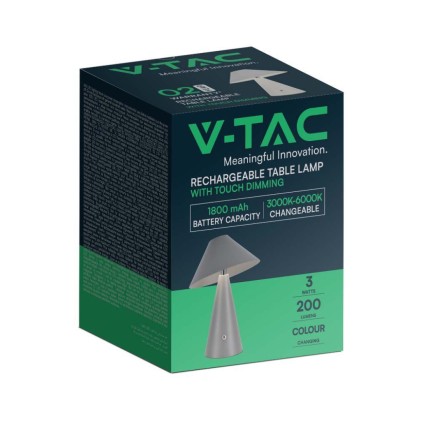 V-TAC Lampada LED da Tavolo 3W Colore Grigio in Metallo Ricaricabile con USB C Touch Dimmerabile 3in1