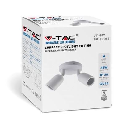 V-TAC Portafaretto LED Doppio a Plafone 2*GU10 e GU5.3 (MR16) Orientabili Base Rotonda in Alluminio Colore Bianco