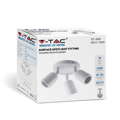 V-TAC Portafaretto LED Triplo Montaggio a Plafone Rotondo 3*GU10 e GU5.3 (MR16) Orientabili Colore Bianco