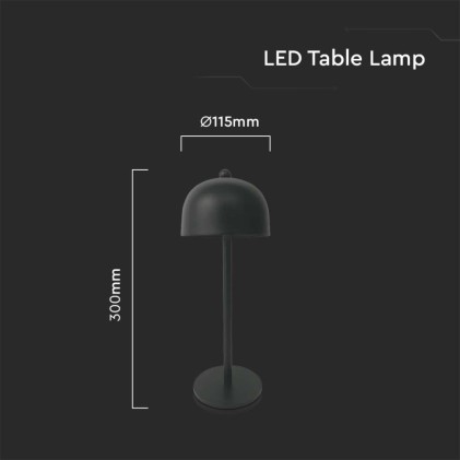 V-TAC Lampada LED da Tavolo 3W con Batteria 1800mAh Ricaricabile USB C Colore Nero in Metallo Touch Dimmerabile 3in1