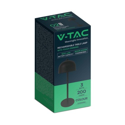 V-TAC Lampada LED da Tavolo 3W con Batteria 1800mAh Ricaricabile USB C Colore Nero in Metallo Touch Dimmerabile 3in1