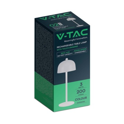 V-TAC Lampada LED da Tavolo 3W con Batteria 1800mAh Ricaricabile USB C Colore Bianco in Metallo Touch Dimmerabile 3in1
