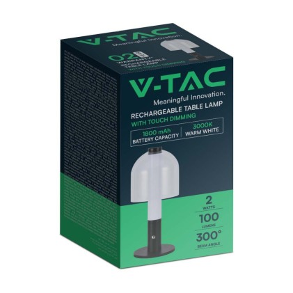 V-TAC Lampada LED da Tavolo 2W Colore Nero e Bianco Trasparente Ricaricabile con USB C Touch Dimmerabile 3in1