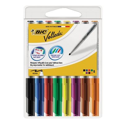 Bic Velleda 1741 Confezione da 8 pennarelli per lavagna bianca - Punta media - Linea da 1,4 mm - Cancellazione ottimale - Colori assortiti