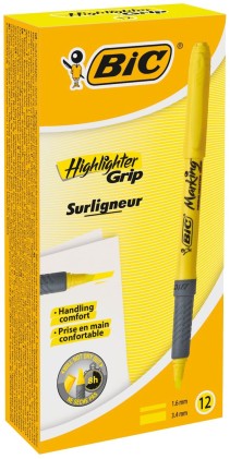 Pennarello fluorescente Bic Highlighter Grip - Inchiostro a base d acqua - Punta a scalpello - Linea tra 1,60 e 3,30 mm - Colore giallo