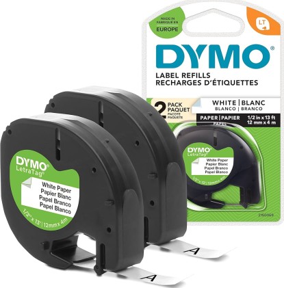 ORIGINALE DYMO Nastro Nero su bianco S0721520 LetraTAG LetraTAG banda di carta, 12mm x 4m