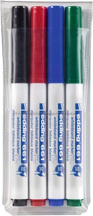 Edding 661 Confezione da 4 pennarelli per lavagna bianca - Punta rotonda - Corsa tra 1 e 2 mm. - Inchiostro pigmentato - Cancellabile a secco - Quattro colori