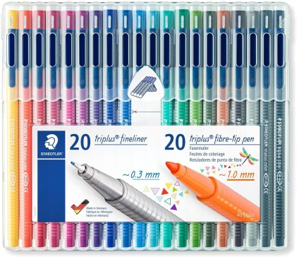 Staedtler Triplus Confezione da 20 Penne Punta Fine 0,3 mm + 20 Penne Punta Fibra 1 mm - Cappuccio con Clip - Colori Assortiti