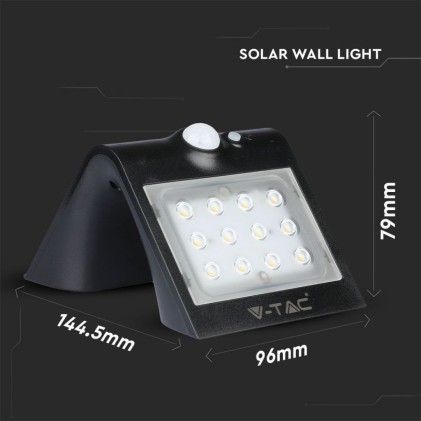 V-TAC Lampada LED Solare da Muro a Batteria 1,5W 150LM/W 14LED con Sensore PIR Colore Nero 4000K IP65