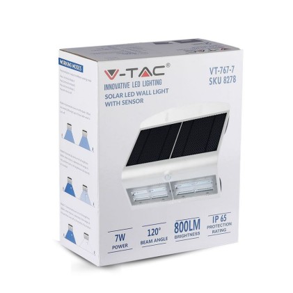 V-TAC Lampada LED Solare da Muro a Batteria 6,8W 60LED con Sensore PIR Colore Bianco 4000K IP65