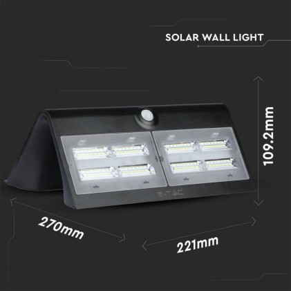 V-TAC Lampada LED Solare da Muro a Batteria 6,8W 60LED con Sensore PIR Colore Nero 4000K IP65