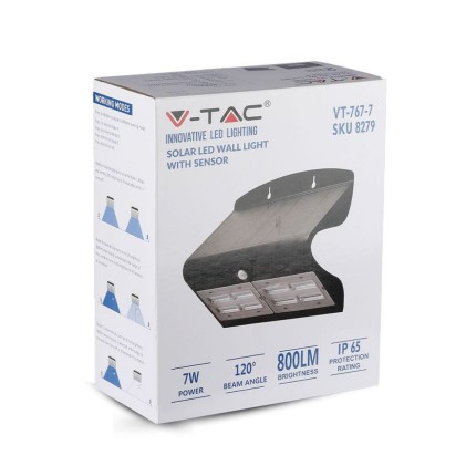 V-TAC Lampada LED Solare da Muro a Batteria 6,8W 60LED con Sensore PIR Colore Nero 4000K IP65