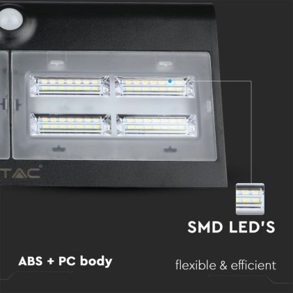 V-TAC Lampada LED Solare da Muro a Batteria 6,8W 60LED con Sensore PIR Colore Nero 4000K IP65
