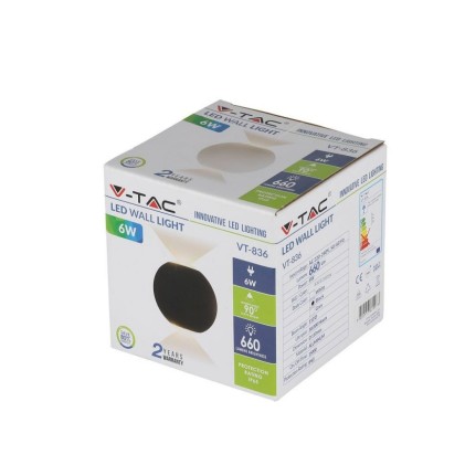 V-TAC Lampada LED da Muro Sferica 6W 110LM/W Doppio Fascio Luminoso Colore Nero 3000K IP65