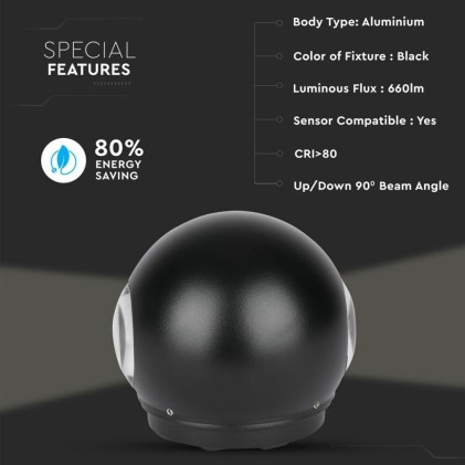 V-TAC Lampada LED da Muro Sferica 6W 110LM/W Doppio Fascio Luminoso Colore Nero 3000K IP65