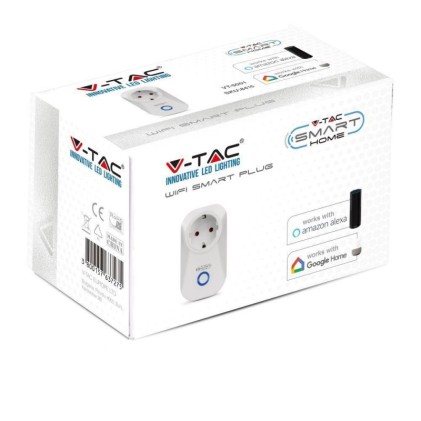 V-TAC Presa con Spina a Schuko WiFi 10A 2P + Schuko con Interruttore Compatibile con Google Home e Amazon Alexa Tramite App V-Tac Smart