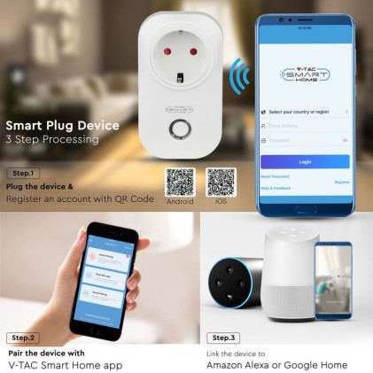 V-TAC Presa con Spina a Schuko WiFi 10A 2P + Schuko con Interruttore Compatibile con Google Home e Amazon Alexa Tramite App V-Tac Smart