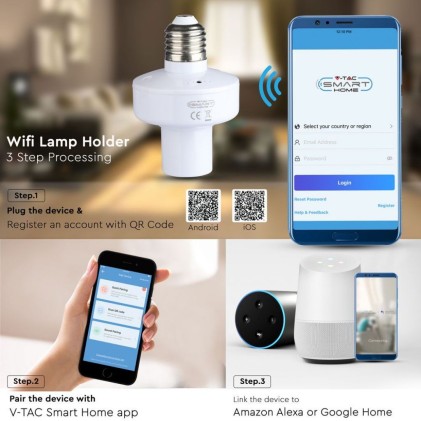 V-TAC Portalampada le E27 (Max 20W) Wifi Compatibile con Google Home e Amazon Alexa Tramite App V-Tac Smart Colore Bianco