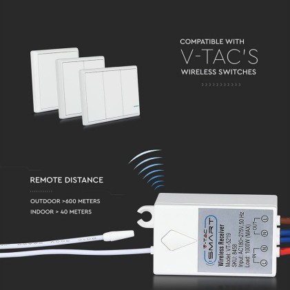 V-TAC Ricevitore Wireless per Interruttori Senza Fili Fino a 500mt