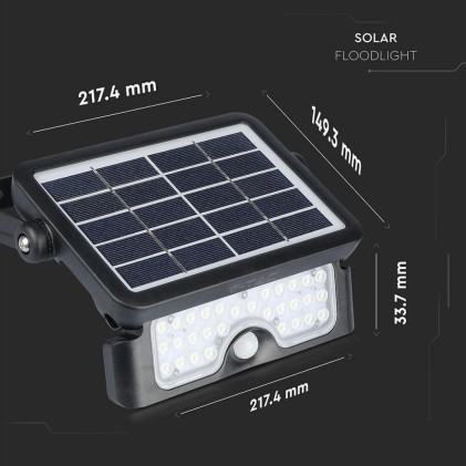 V-TAC Lampada LED Solare da Muro a Batteria 5W 30LED con Sensore di Movimento e Crepuscolare a Basi Inclinabili 4000K IP65