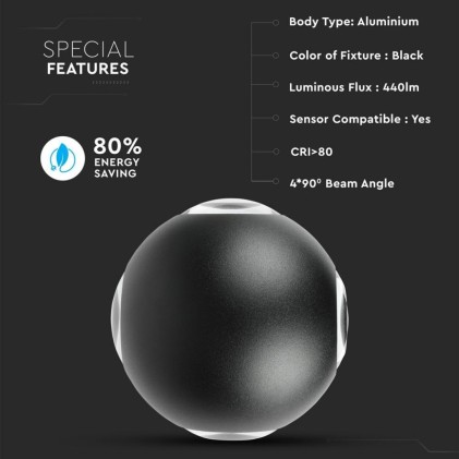 V-TAC Lampada LED da Muro Sferica 4 LED COB 4W Colore Nero 4000K IP65