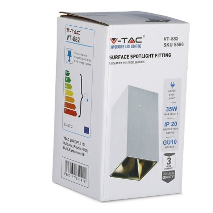 V-TAC Portafaretto LED Montaggio a Plafone Quadrato GU10 Corpo Bianco Riflettore Oro