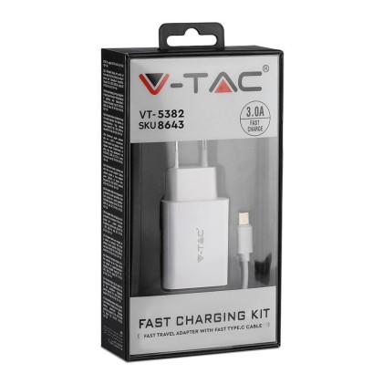 V-TAC Caricatore da Viaggio Ricarica Rapida 3.0A con Cavo da USB Tipo-C a USB-A Colore Bianco