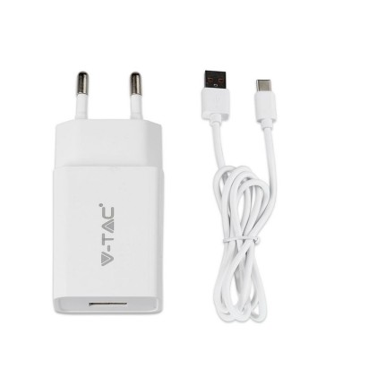 V-TAC Caricatore da Viaggio Ricarica Rapida 3.0A con Cavo da USB Tipo-C a USB-A Colore Bianco