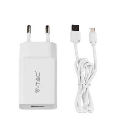 V-TAC Caricatore da Viaggio con Cavo Ricarica Veloce Micro USB 2.1A Colore Bianco