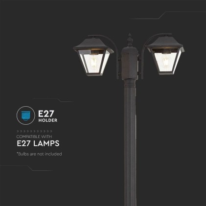 V-TAC Lampione LED con Doppio Portalampada a Lanterna 2*E27 Colore Nero Opaco h: 228cm IP44