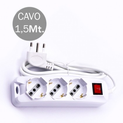 V-TAC Multipresa con Cavo 1,5m 3 Prese 10/16A 2P T Bipasso  Schuko Interruttore Luminoso Spina 16A 2P+T Colore Bianco