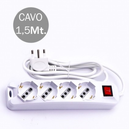 V-TAC Multipresa con Cavo 1,5m 4 Prese 10/16A 2P+T Bipasso + Schuko Interruttore Luminoso Spina 16A 2P+T Colore Bianco